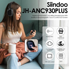 Siindoo NEWEST Hybrid ANC Wireless Headphone, ANC930Plus With Multi Magnetic Touch Control LED Screen 1GB MP3 AND APP Download