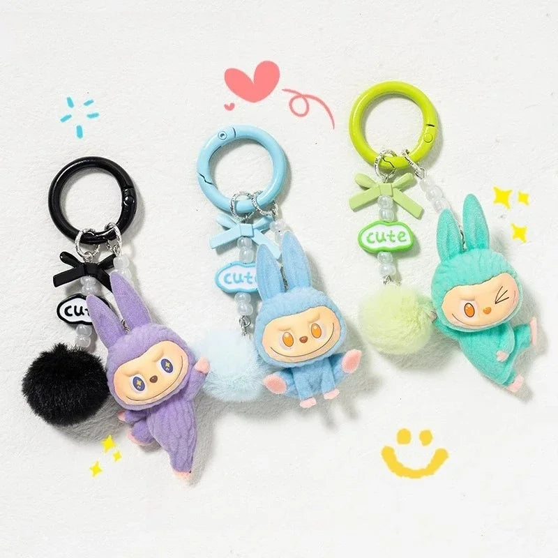 Labubu Flocking Plush Toys Keychains Pendants Cute and Adorable Mobile Phone Chains Bags Pendants Couple's Small Gifts