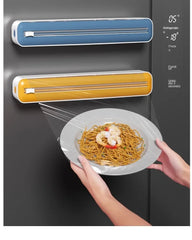 2 in 1 Food Film Dispenser Wrap Dispenser with Cutter Storage Box Aluminum Foil Stretch Film Cutter Wall Shelf Kitchen Organizer